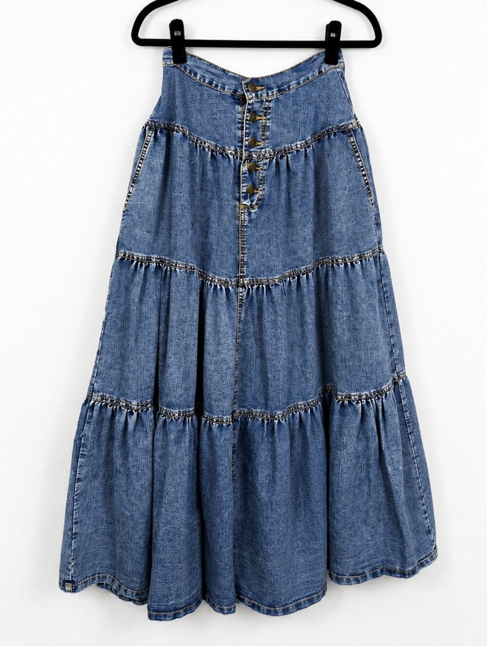 Elan 100% Cotton Tiered Chambray Denim Maxi Skirt Boho Prairie Cottagecore S